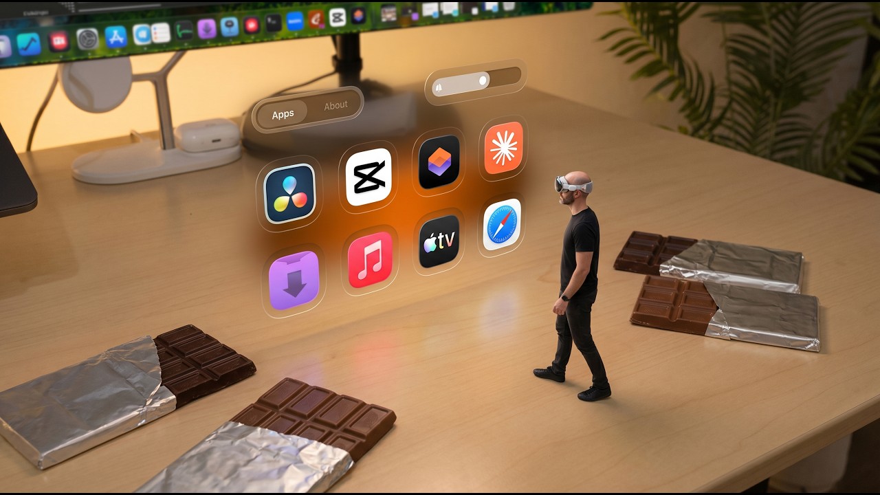 Vision Pro app buttons floating above a desk