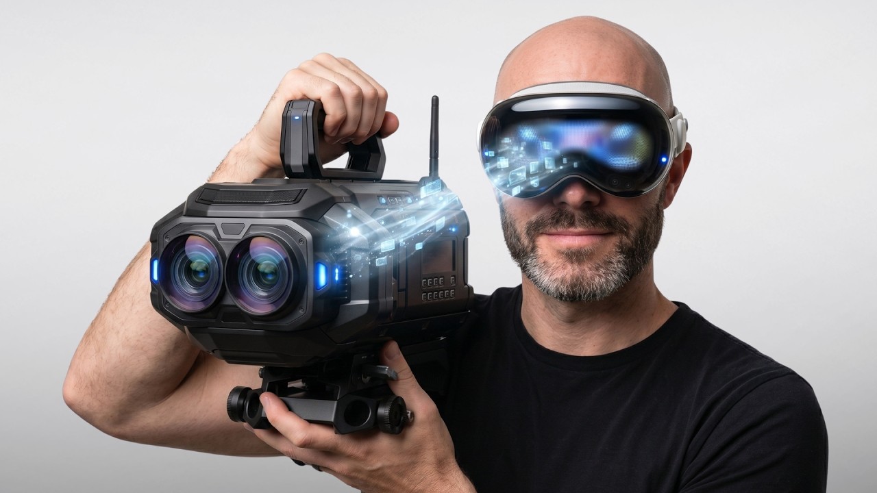 Justin Ryan wearing Apple Vision Pro while holding an immersive camera