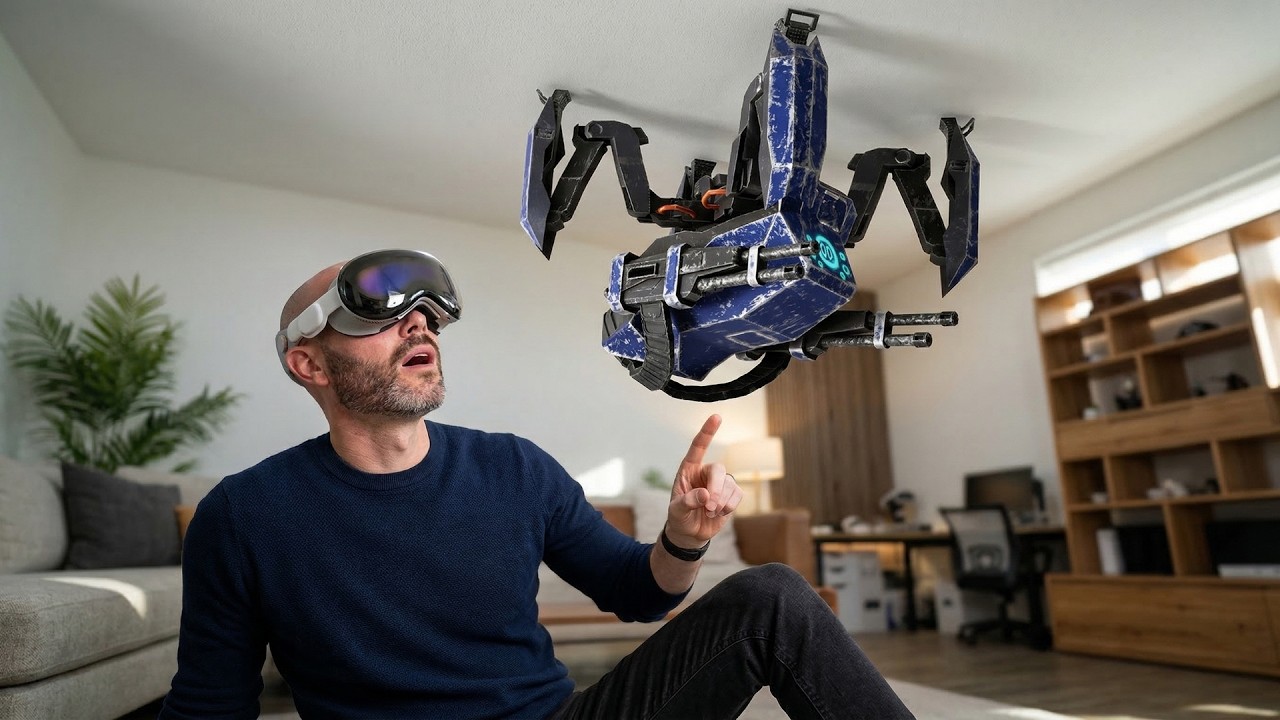 Justin wearing Apple Vision Pro beside the Sardo robot