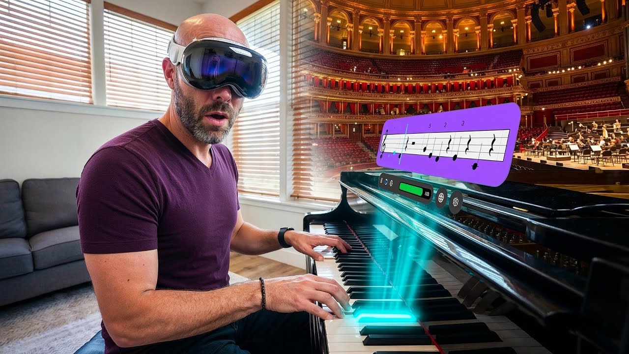 Justin Ryan playing piano in Apple Vision Pro with Simply Piano guidance in front of him