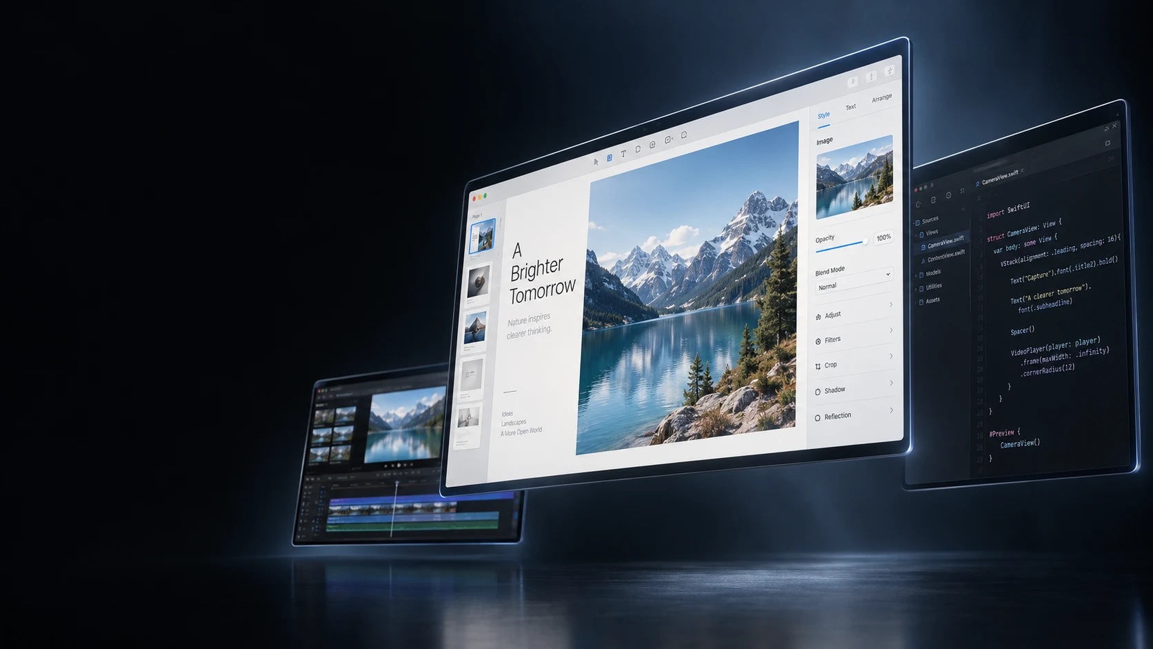 VisionDesk product illustration showing three floating Mac displays with design, code and video-editing content
