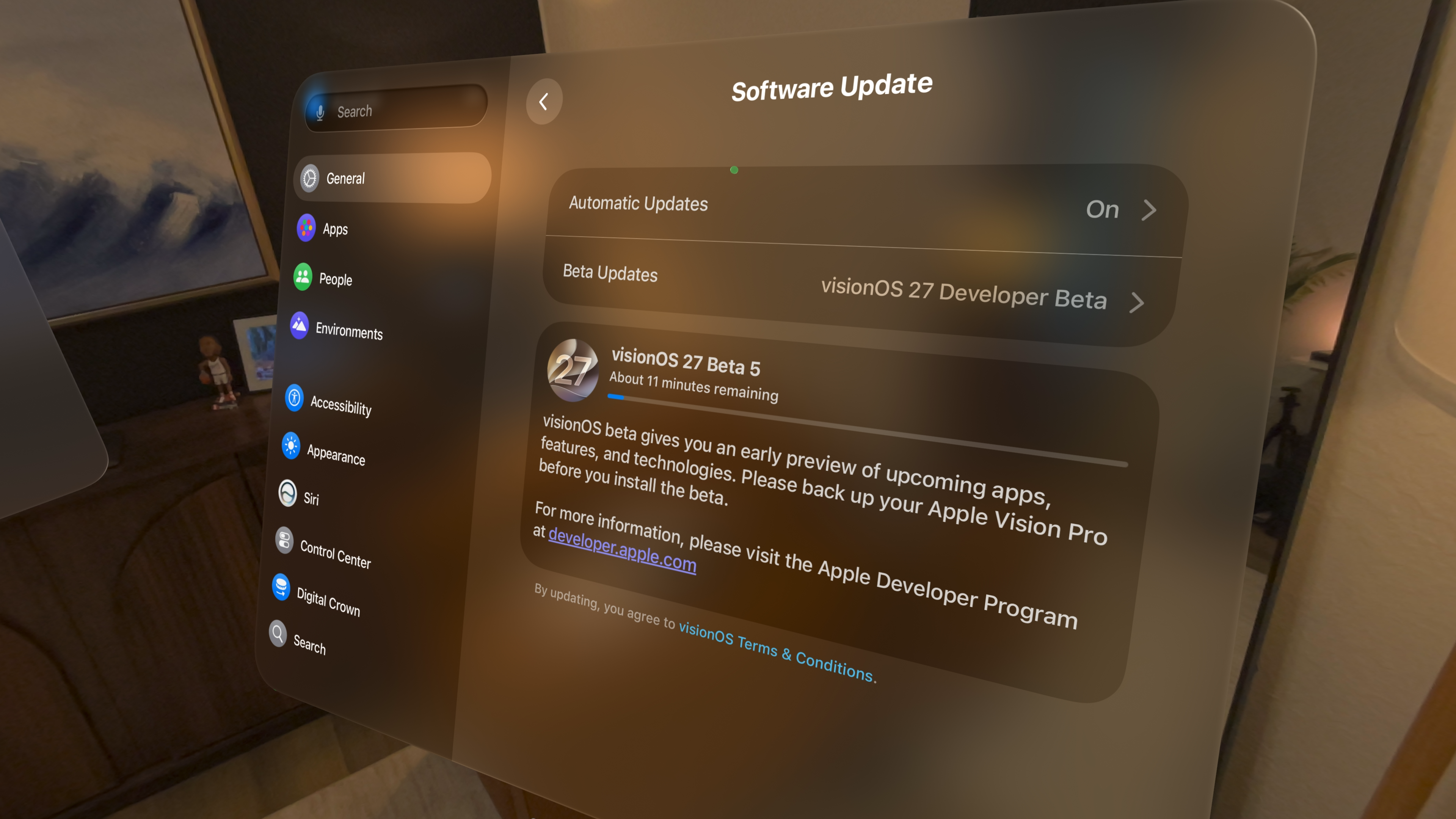 visionOS 27 beta 5 downloading in Software Update on Apple Vision Pro