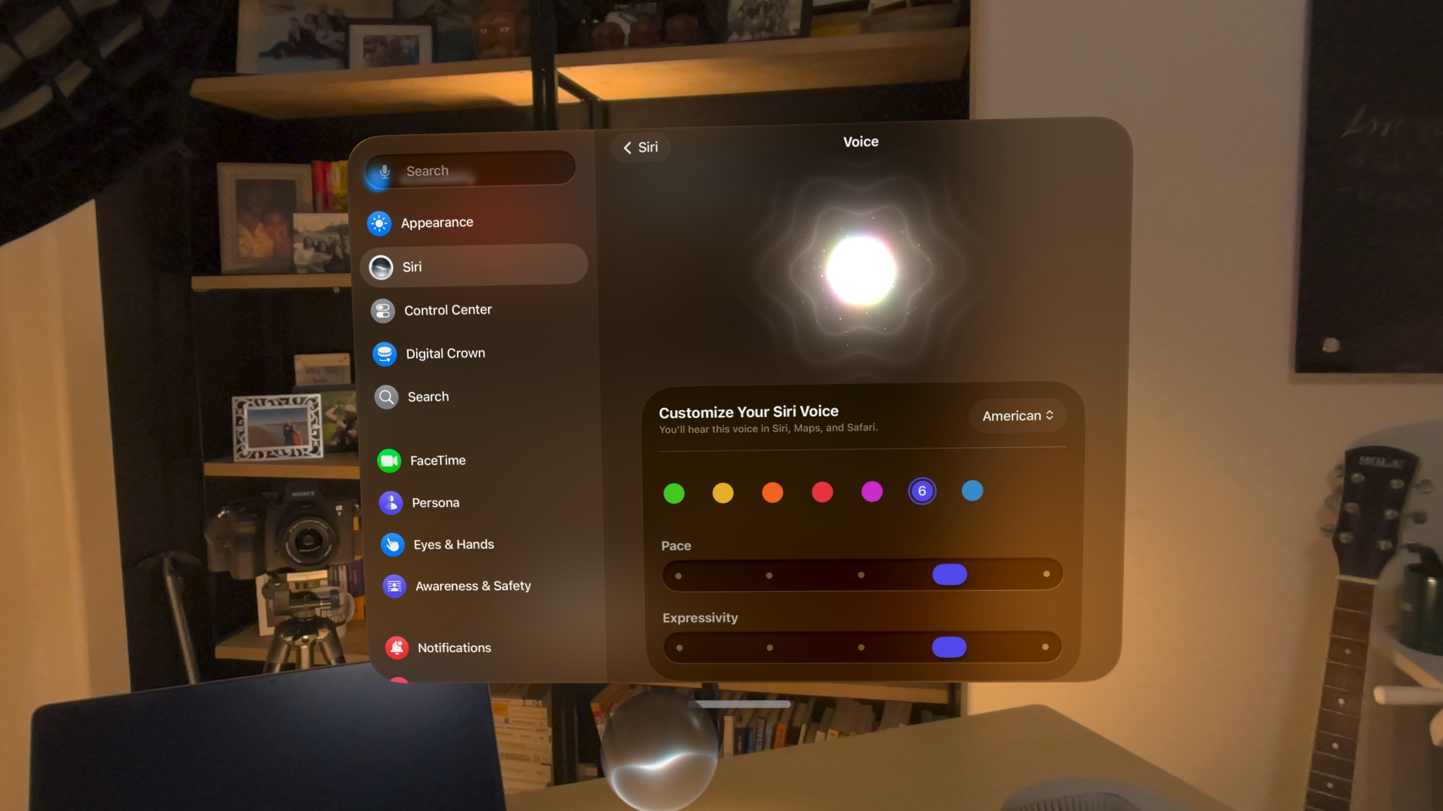 British Siri voice settings on Apple Vision Pro with Pace and Expressivity controls