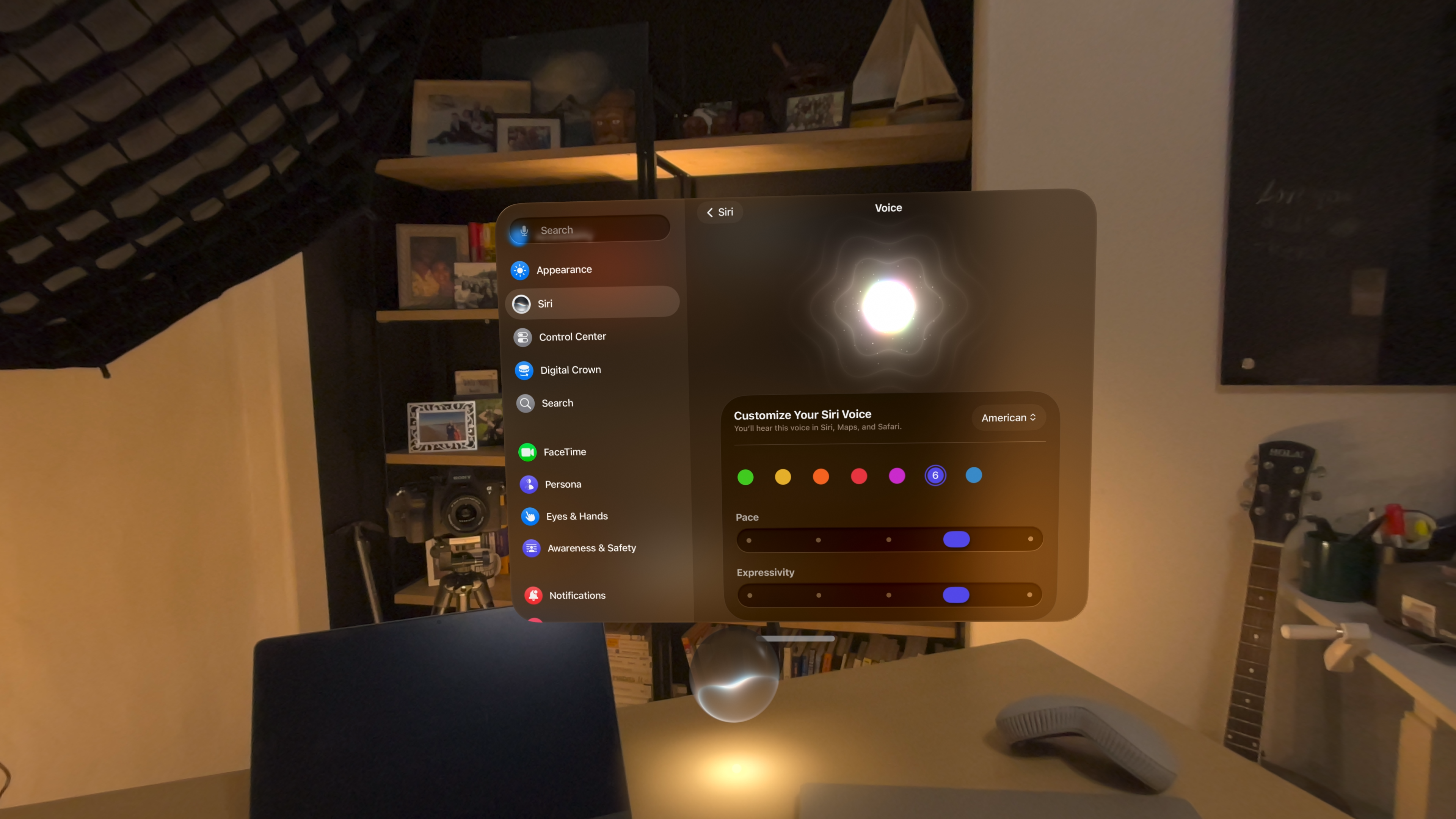Siri Voice settings on Apple Vision Pro showing American voice 6 with Pace and Expressivity toward the higher end