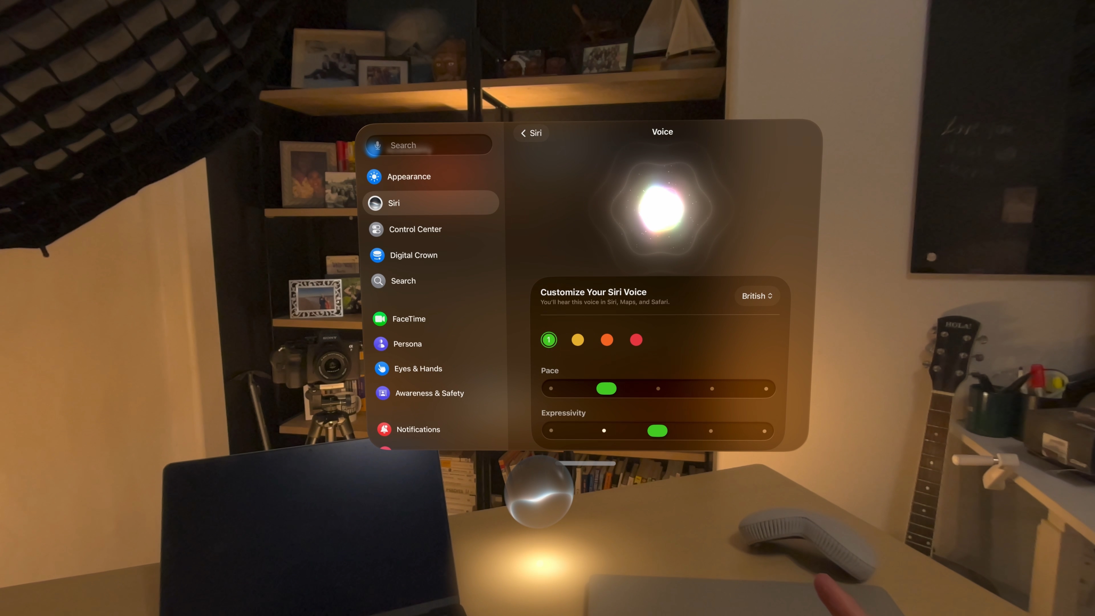 British Siri voice settings on Apple Vision Pro with Pace and Expressivity controls