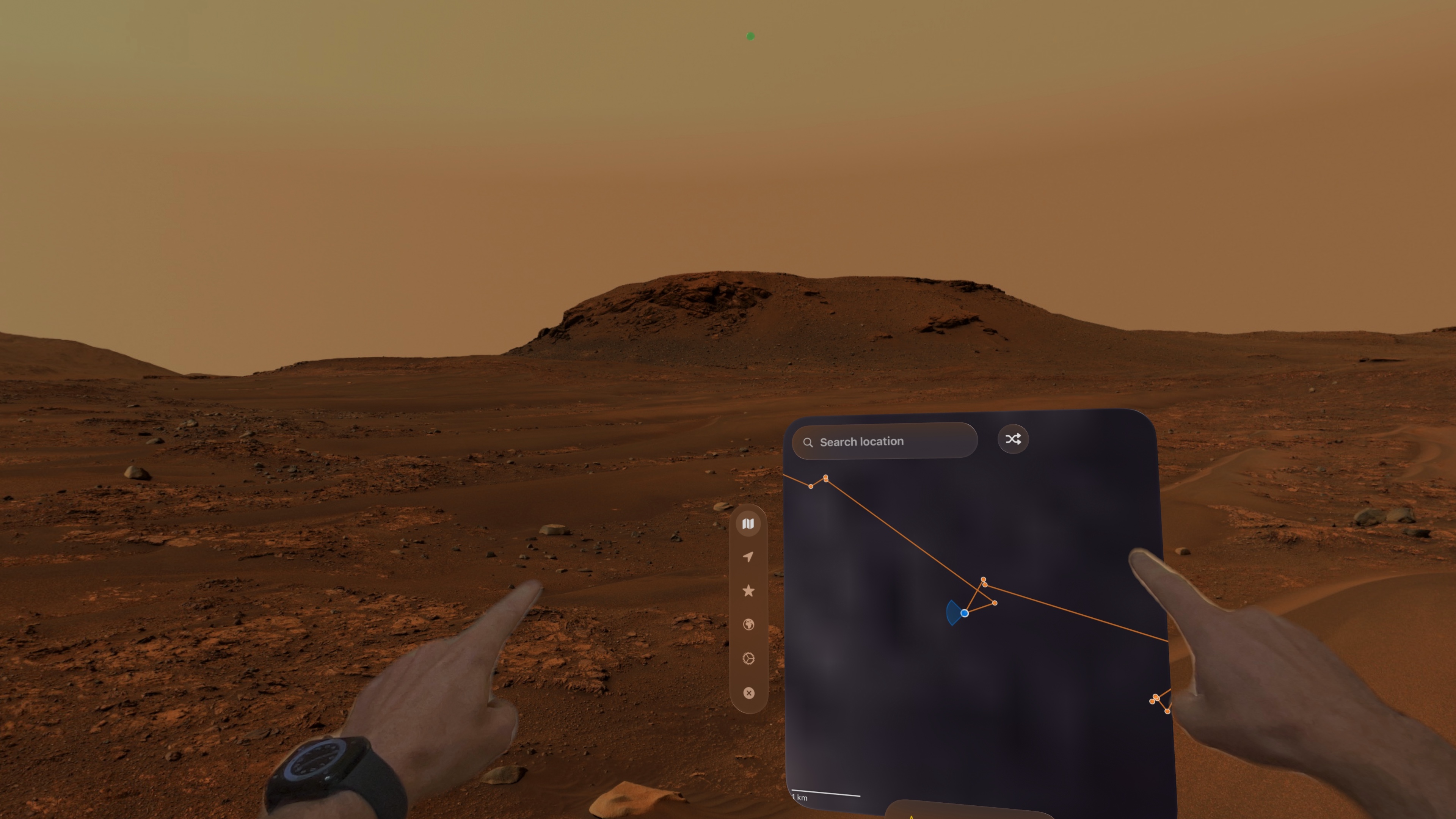 Two hands point toward Waddle’s floating route map while a rocky Mars panorama fills the view