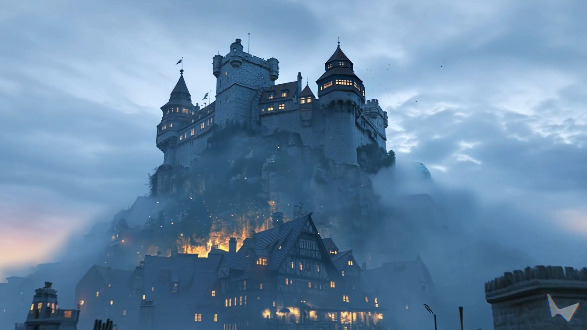 A generated hilltop castle above a misty town in World Labs’ Atlas demonstration
