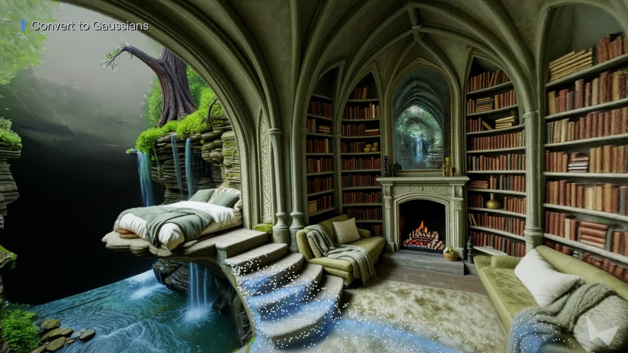 A gothic library and waterfall in World Labs’ Atlas Gaussian splat demonstration.