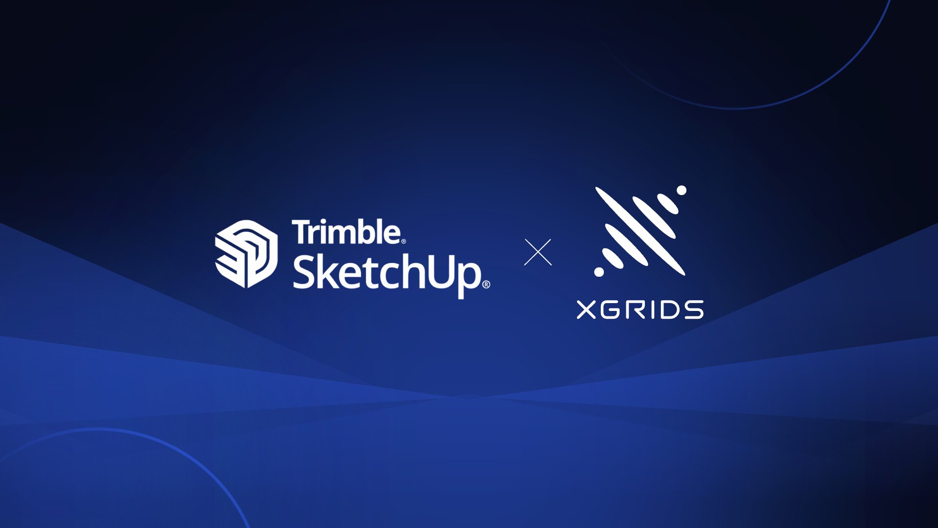 Official SketchUp and XGRIDS announcement artwork on a dark blue background