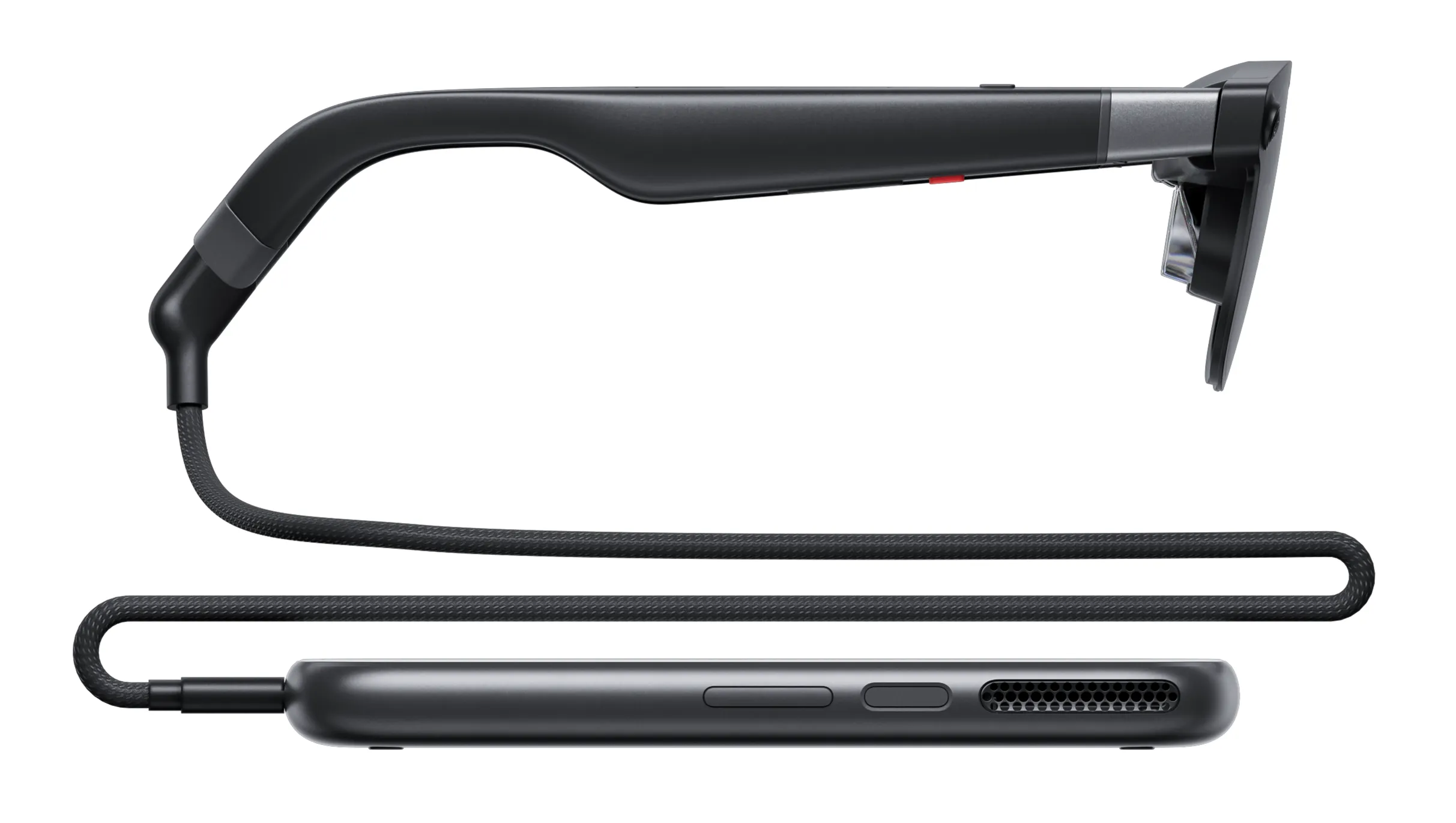 Side view of XREAL AURA glasses connected by cable to their pocket computer