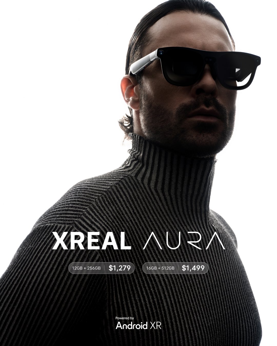 XREAL’s Aura announcement showing a person wearing the glasses and the $1,279 and $1,499 configurations